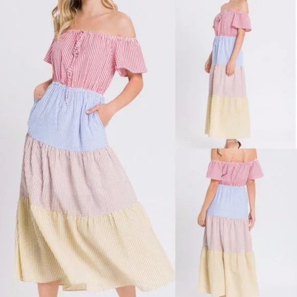 Urban Outfitters Midi Dress XS Colorblock Seersucker Striped Off Shoulder - Picture 1 of 13